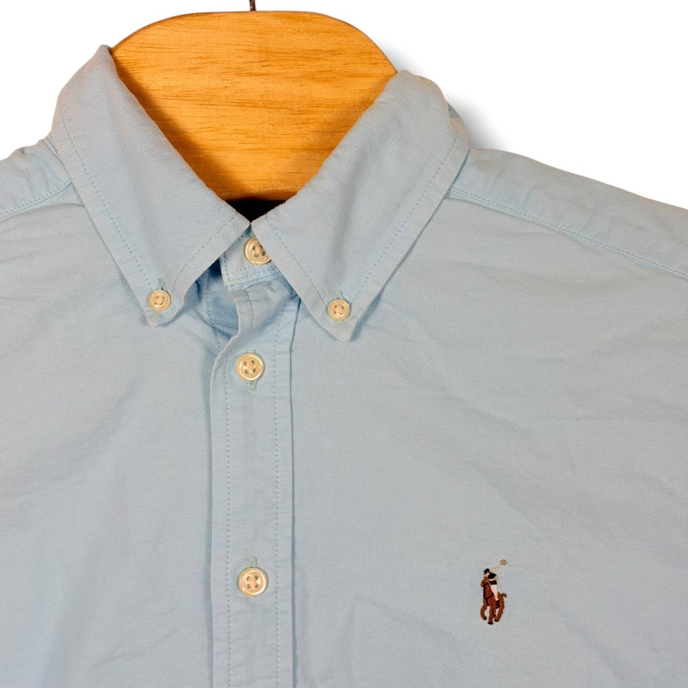 Ralph Lauren Button Down Shirt Women 14 Large Sky Blue Oxford Cotton Pony Prep